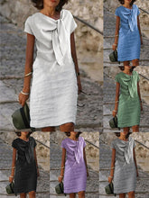 Women's Casual Dress Cotton Dress Shift Dress Midi Dress Cotton Blend Fashion Basic Outdoor Daily Vacation V Neck Lace up Short Sleeve Summer Spring  Loose Fit Black White Blue Plain S M L XL 2XL